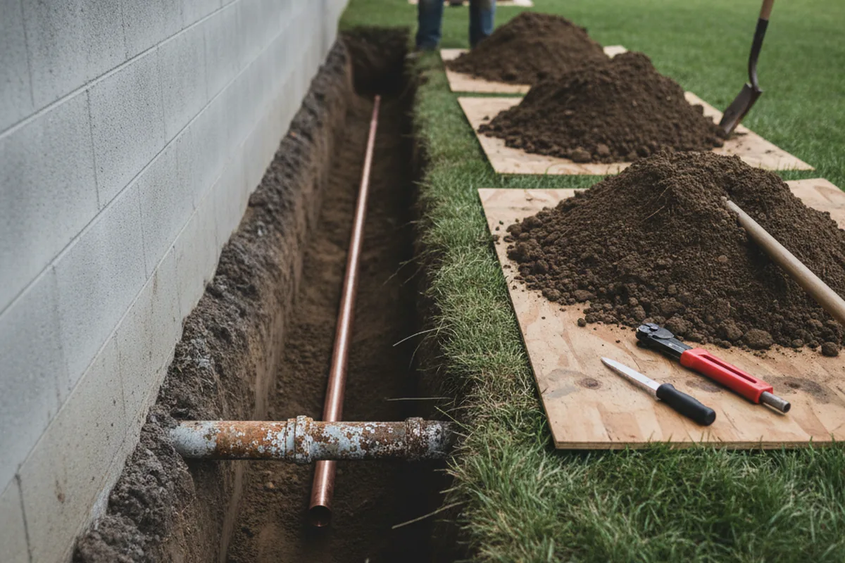 Excavated water line trench during Water Softener Installation in Toney